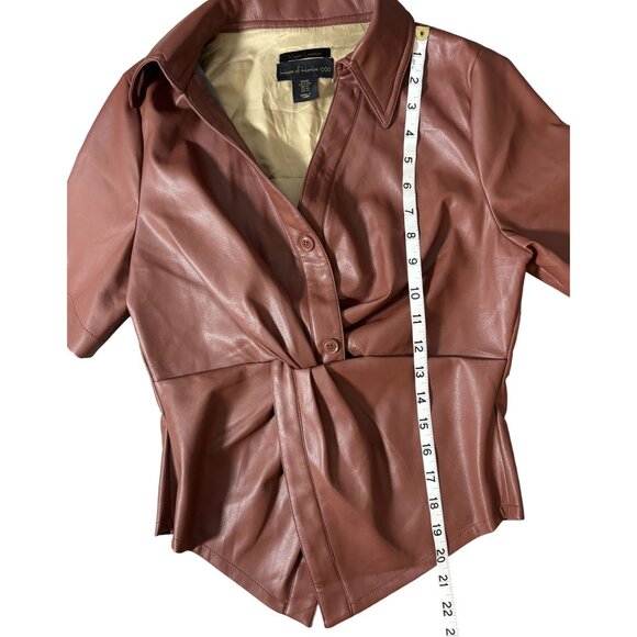 House Of Harlow 1960 Vegan Leather Short-Sleeve Button-Up Shirt - Rust Brown XS - Picture 4 of 6